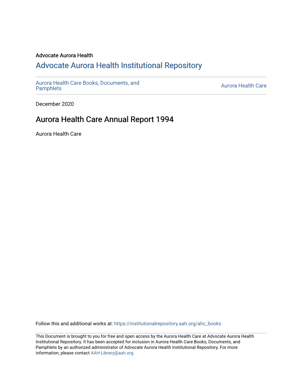 Aurora Health Care Annual Report 1994