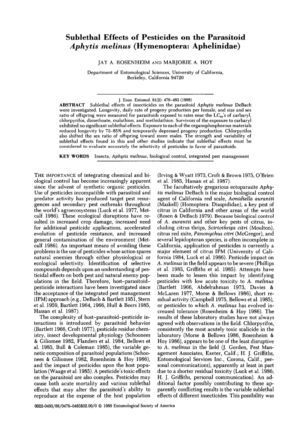 Sublethal Effects of Pesticides on the Parasitoid Aphytis Melinus (Hymenoptera: Aphelinidae)