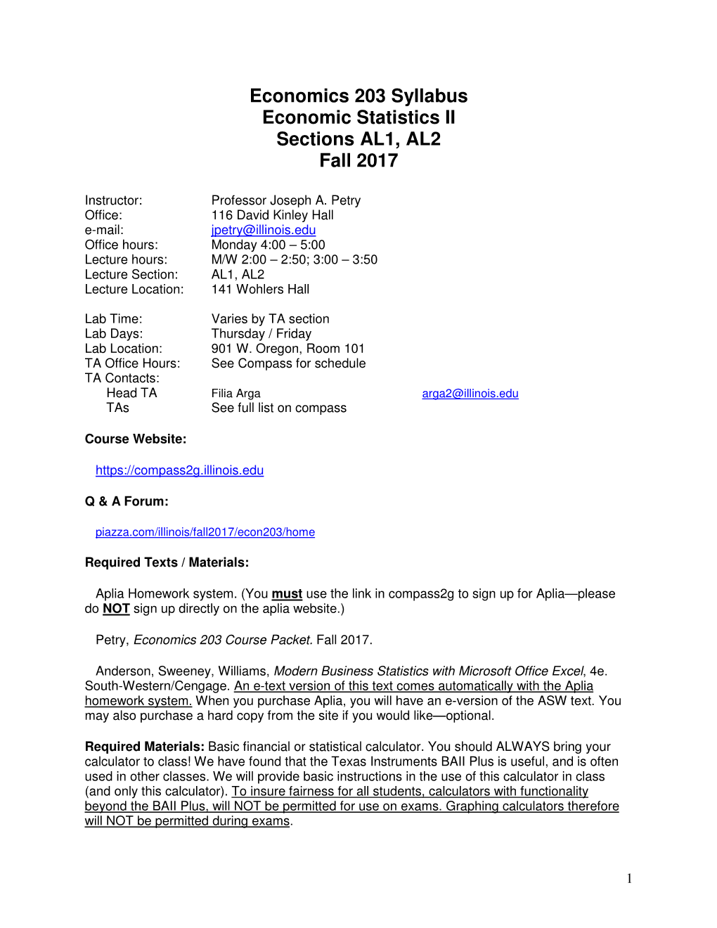 Economics 203 Syllabus Economic Statistics II Sections AL1, AL2 Fall 2017