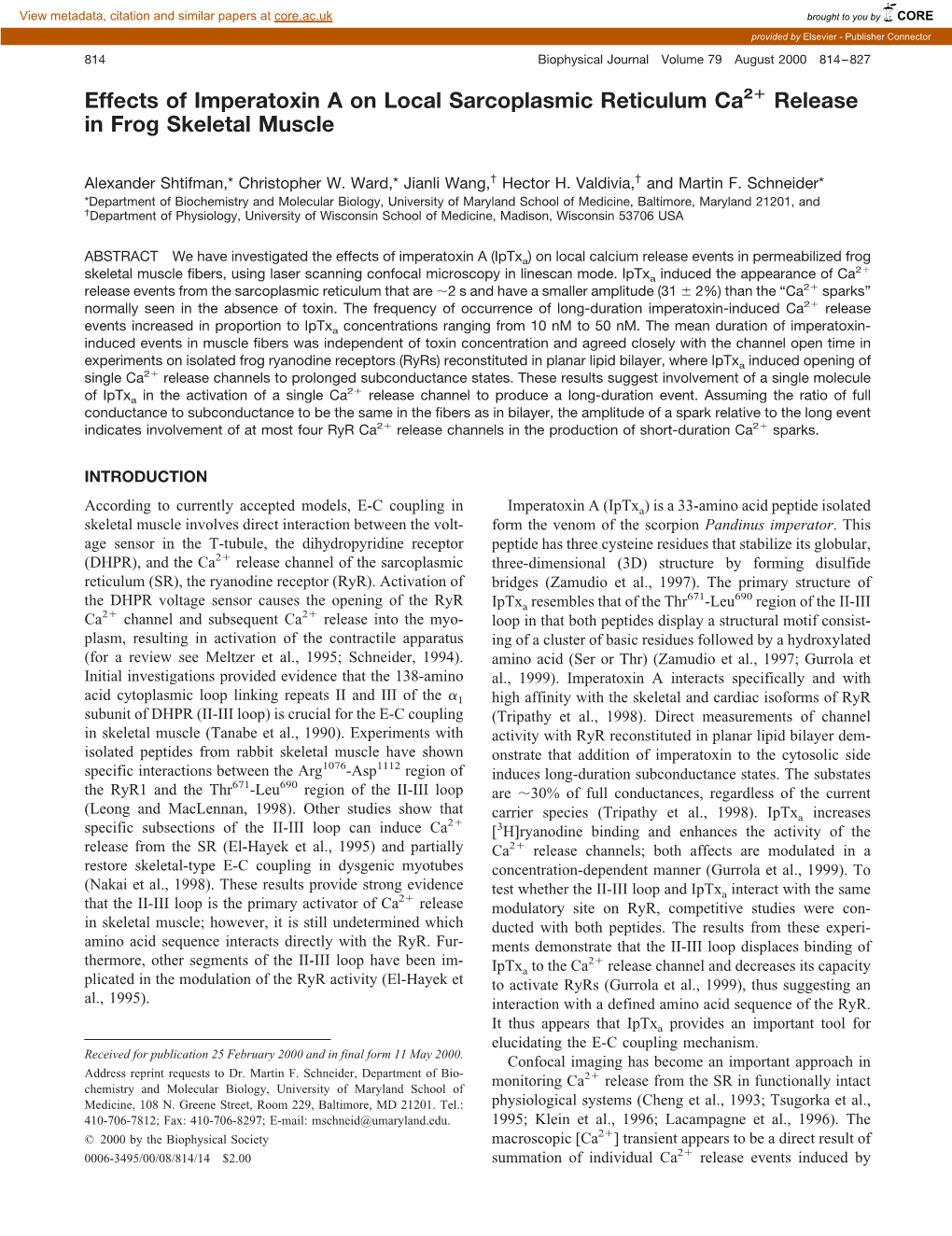 Effects of Imperatoxin a on Local Sarcoplasmic Reticulum Ca2+ Release in Frog Skeletal Muscle