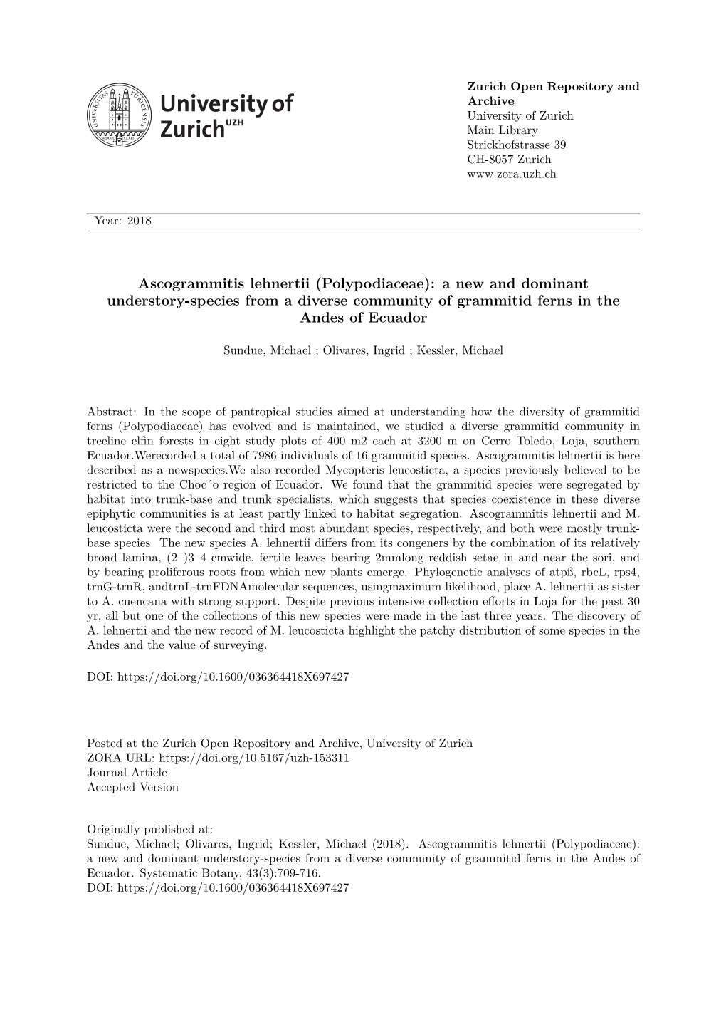 Sundue Et Al.: a New Species of Ascogrammitis