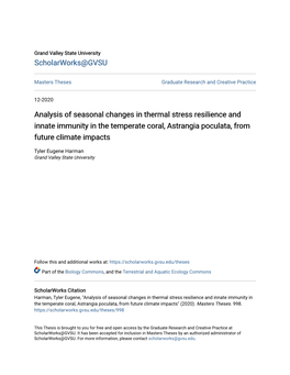 Analysis of Seasonal Changes in Thermal Stress Resilience and Innate Immunity in the Temperate Coral, Astrangia Poculata, from Future Climate Impacts
