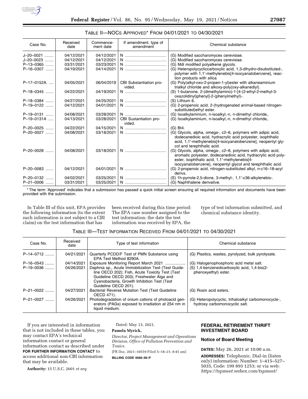 Federal Register/Vol. 86, No. 95/Wednesday, May 19, 2021