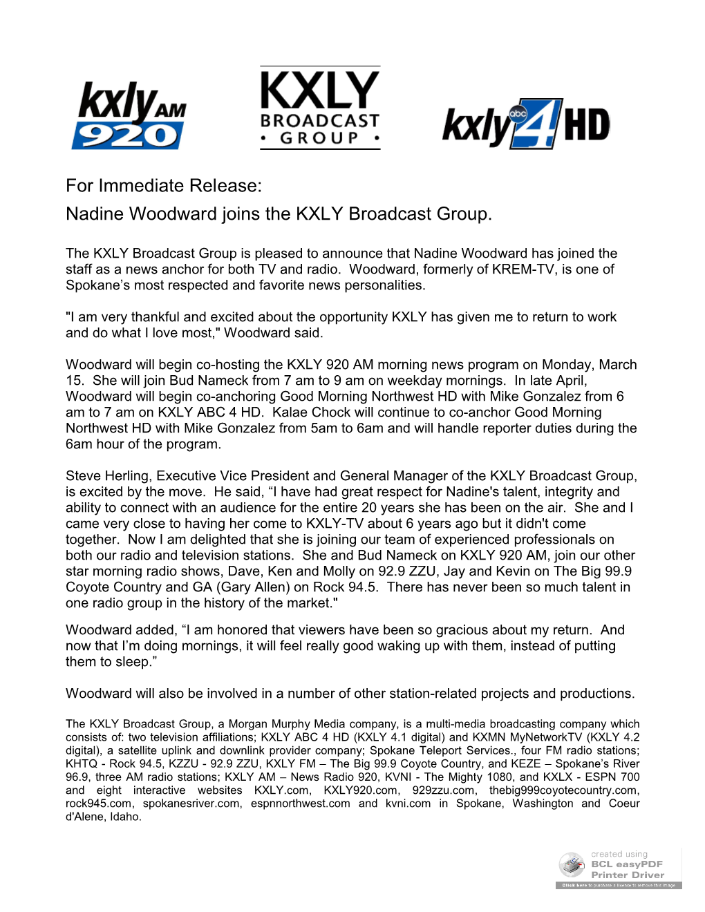 Nadine Woodward Joins the KXLY Broadcast Group