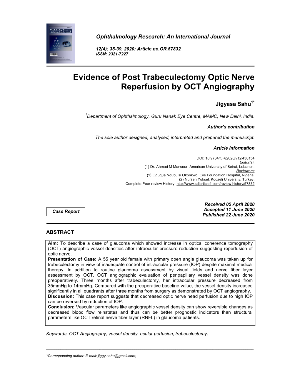 Evidence of Post Trabeculectomy Optic Nerve Reperfusion by OCT Angiography