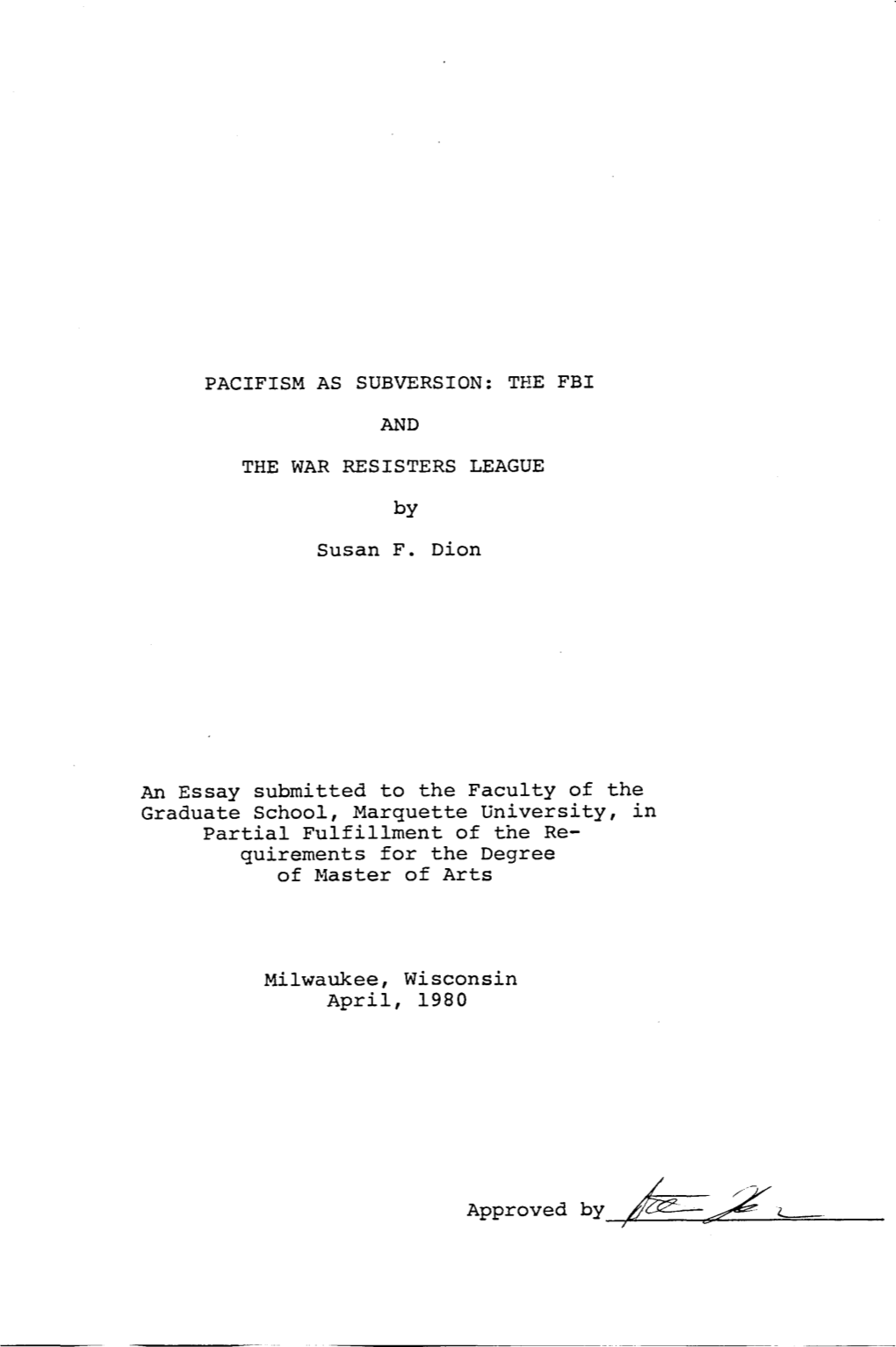 THE FBI the WAR RESISTERS LEAGUE by Susan F. Dion An