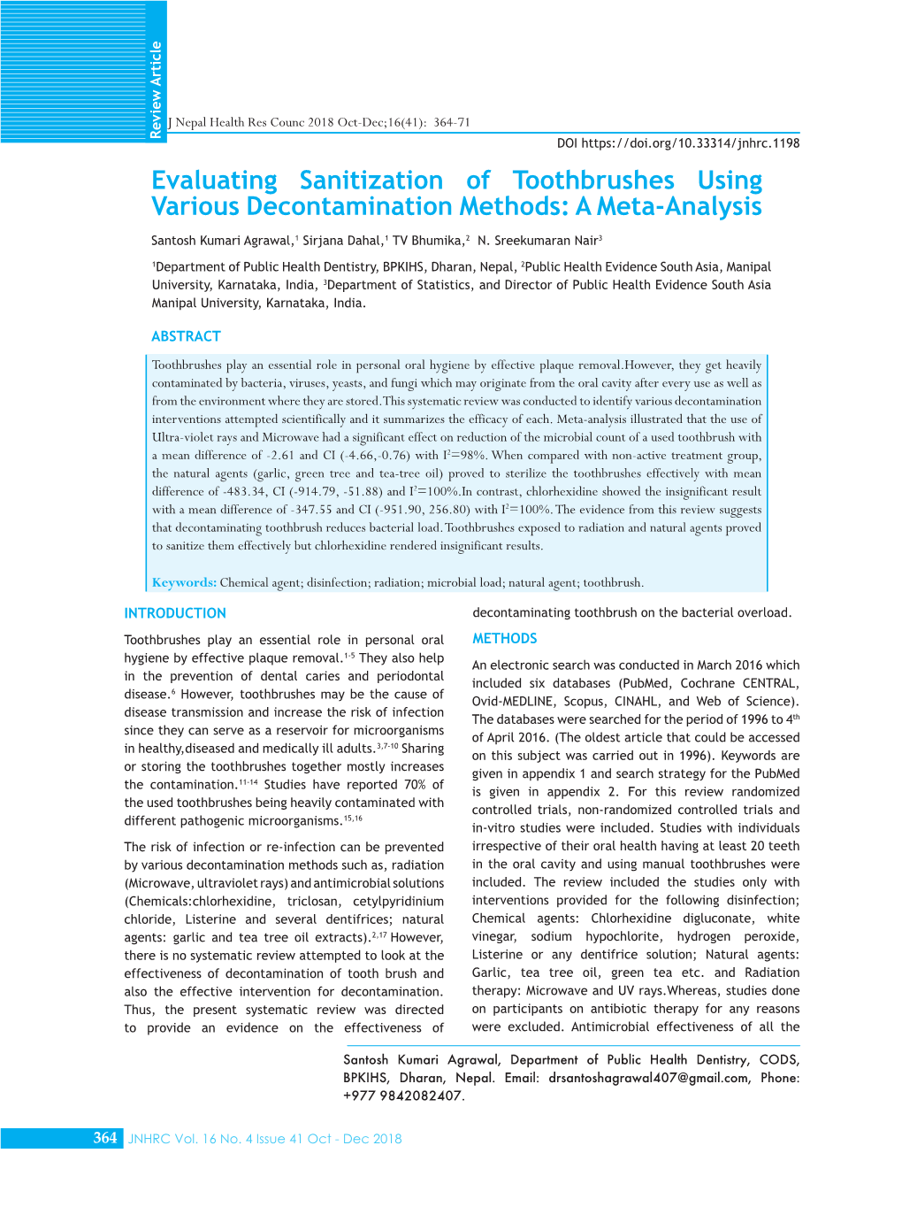 Evaluating Sanitization of Toothbrushes Using Various Decontamination Methods: a Meta-Analysis