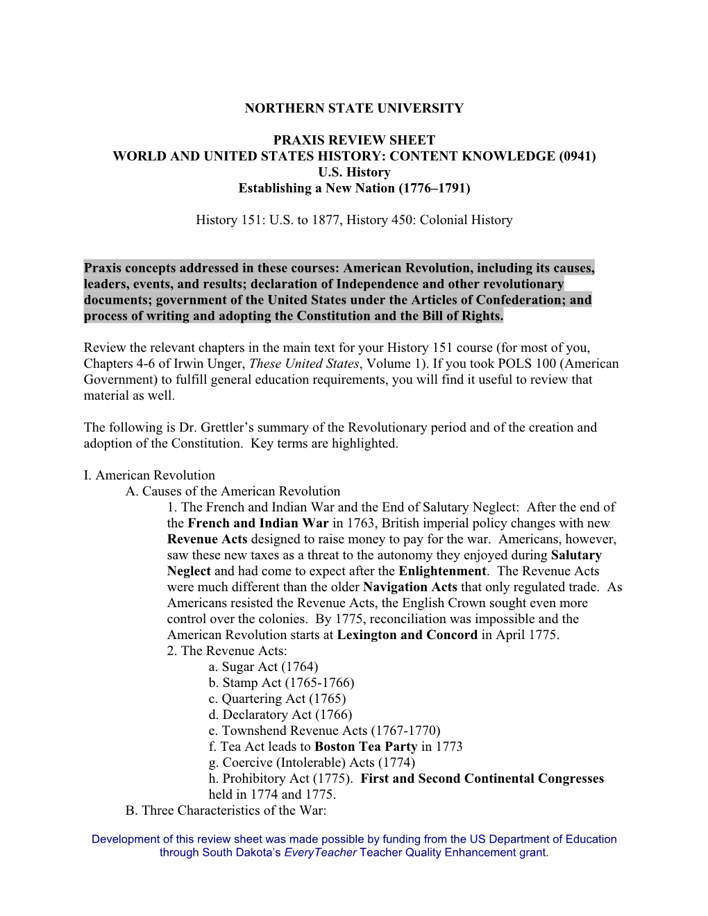 Praxis Review Sheet World and United States History: Content Knowledge (0941) U.S
