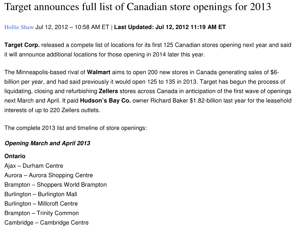 Target Announces Full List of Canadian Store Openings for 2013