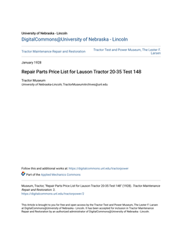 Repair Parts Price List for Lauson Tractor 20-35 Test 148