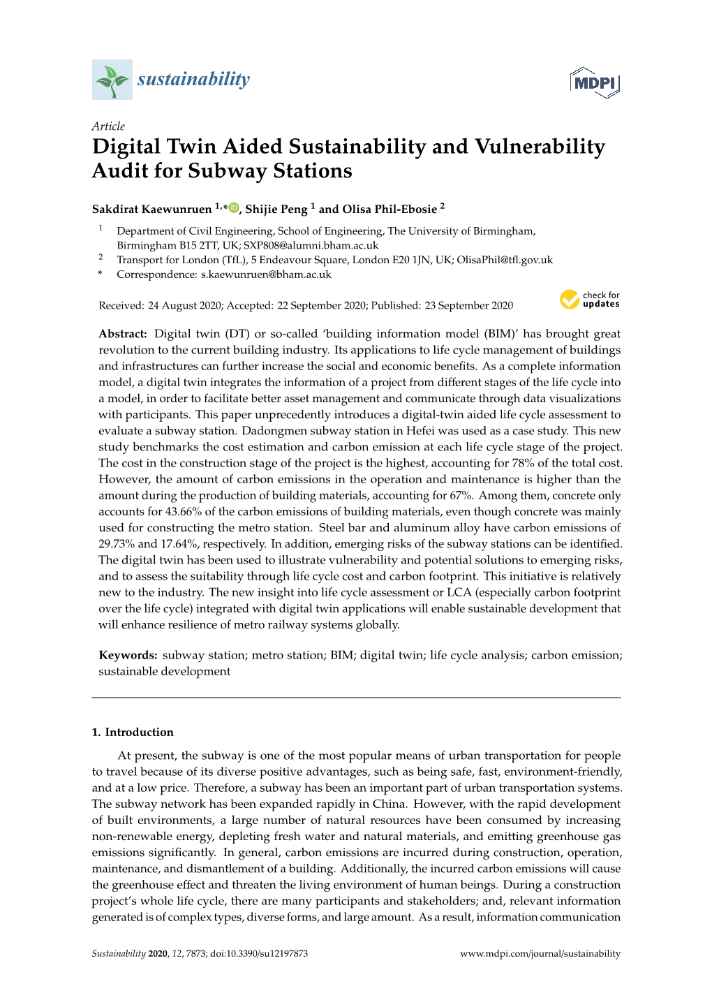 Digital Twin Aided Sustainability and Vulnerability Audit for Subway Stations