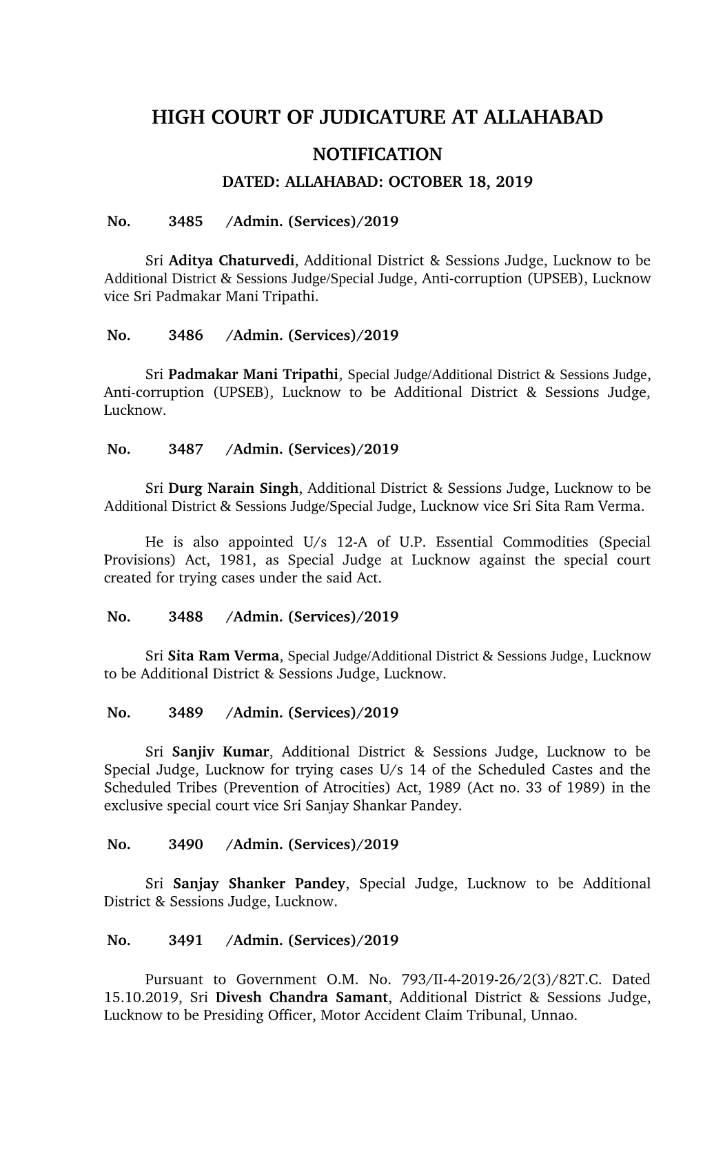 High Court of Judicature at Allahabad Notification Dated: Allahabad: October 18, 2019