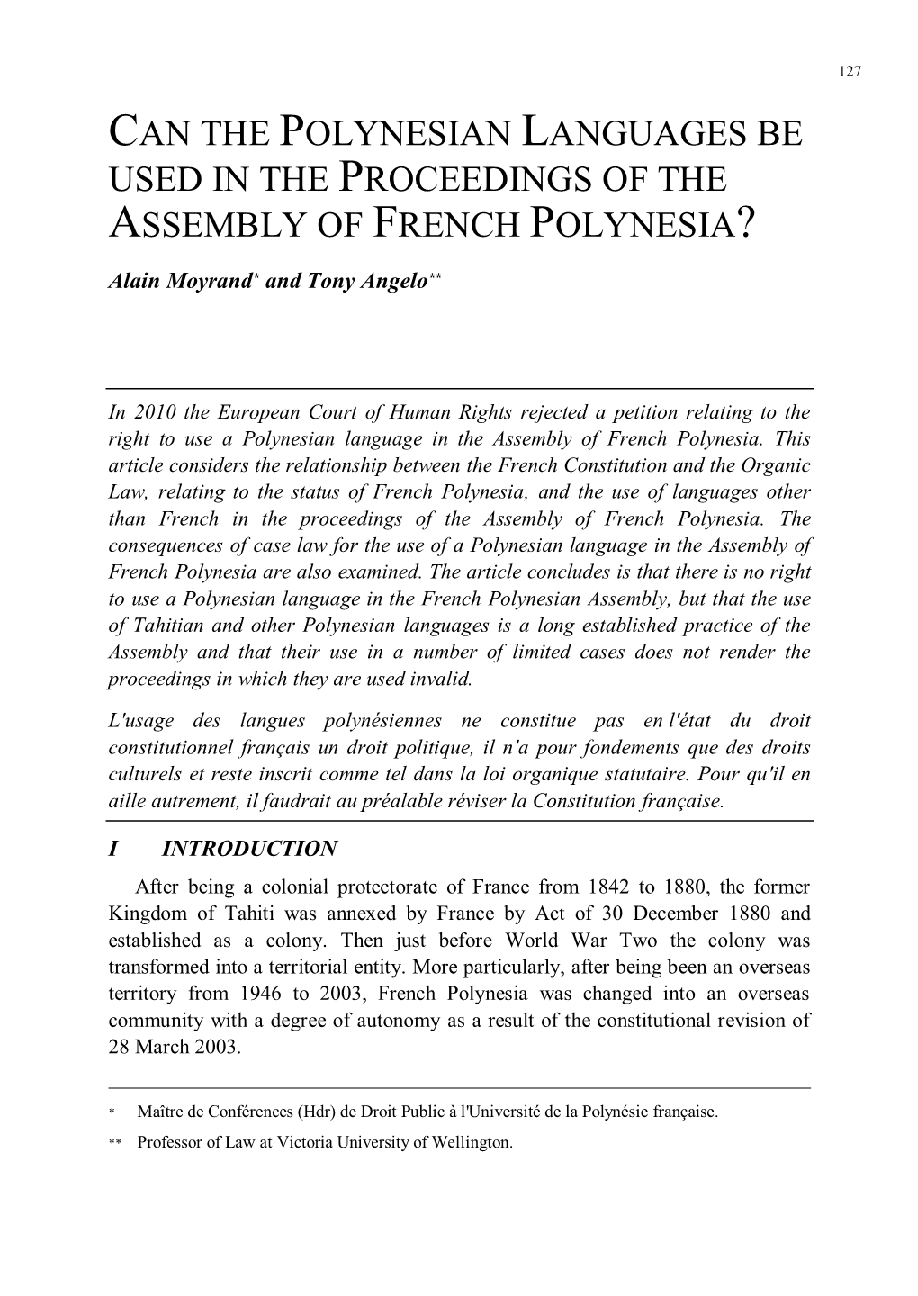 Can the Polynesian Languages Be Used in the Proceedings of the Assembly of French Polynesia?