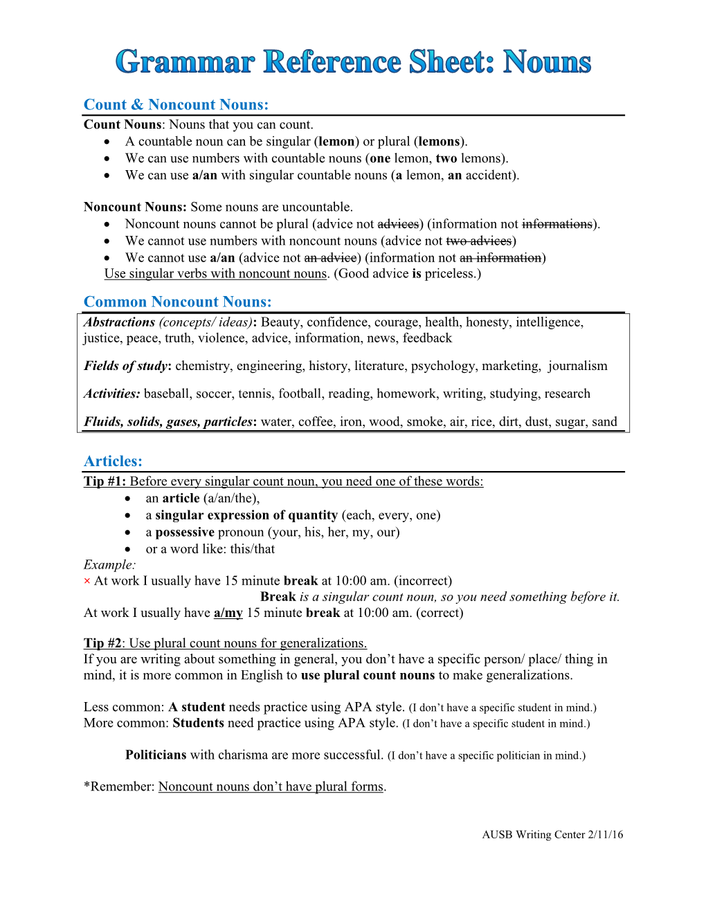 Count & Noncount Nouns: Common Noncount Nouns: Articles