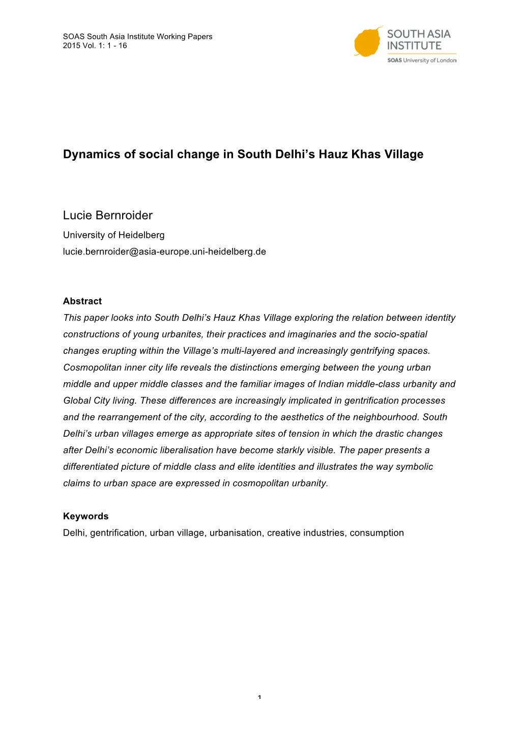 Dynamics of Social Change in South Delhi's Hauz Khas Village Lucie