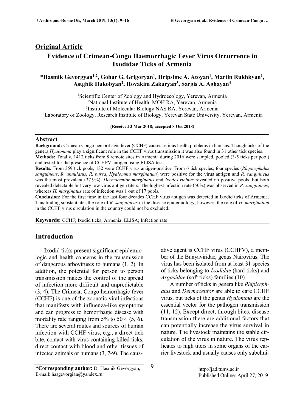 Evidence of Crimean-Congo Haemorrhagic Fever Virus Occurrence in Ixodidae Ticks of Armenia