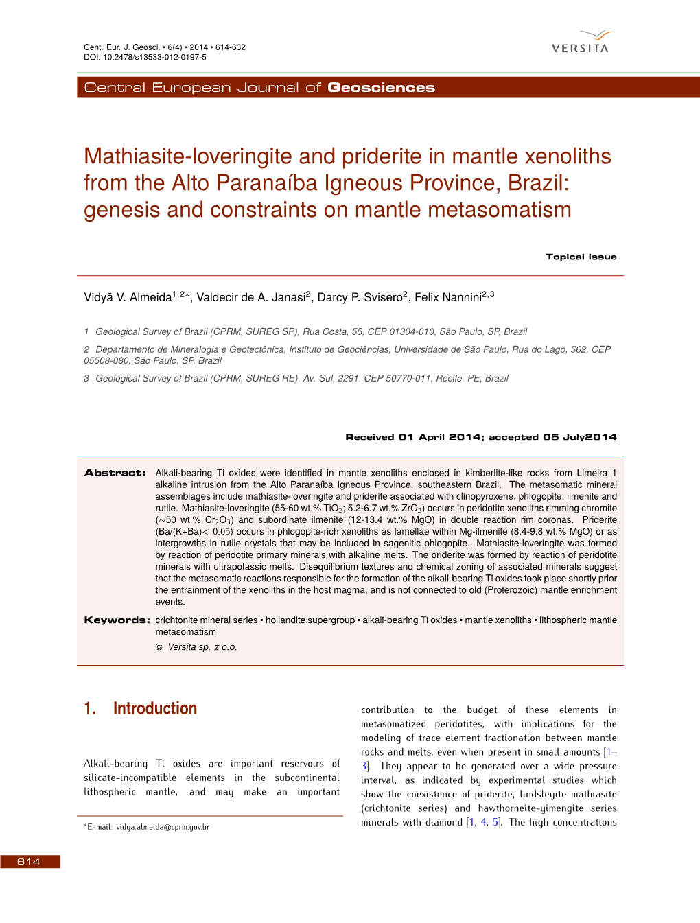 Mathiasite-Loveringite and Priderite in Mantle Xenoliths from the Alto Paranaíba Igneous Province, Brazil: Genesis and Constraints on Mantle Metasomatism