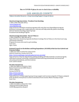 LOS ANGELES COUNTY Tobacco Cessation Resources - Group Counseling/Support Groups & Classes