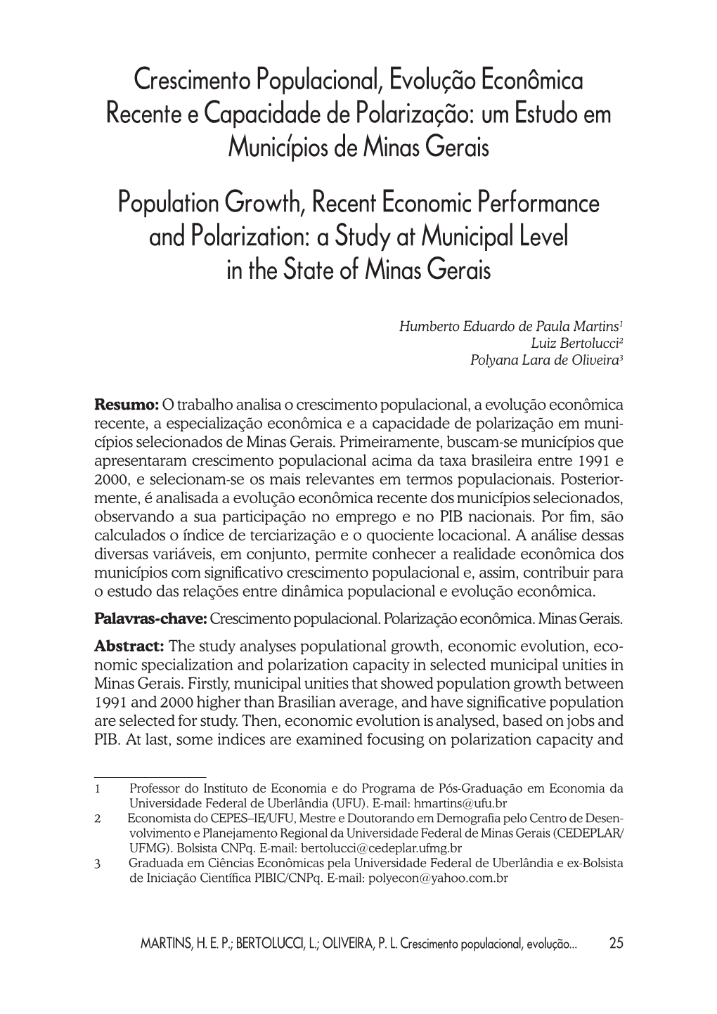 Crescimento Populacional, Evolução Econômica Recente E Capacidade