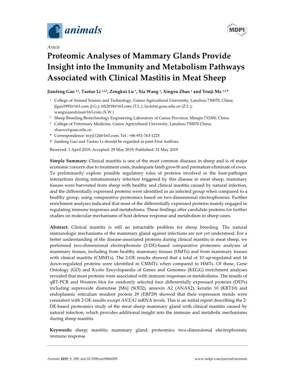 Proteomic Analyses of Mammary Glands Provide Insight Into the Immunity and Metabolism Pathways Associated with Clinical Mastitis in Meat Sheep