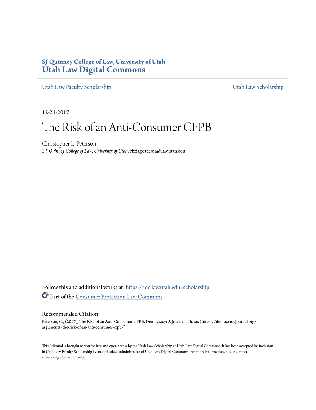 The Risk of an Anti-Consumer CFPB Christopher L