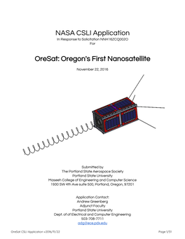 NASA CSLI Application Oresat: Oregon's First