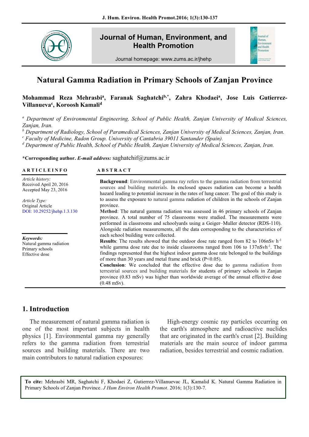 Natural Gamma Radiation in Primary Schools of Zanjan Province