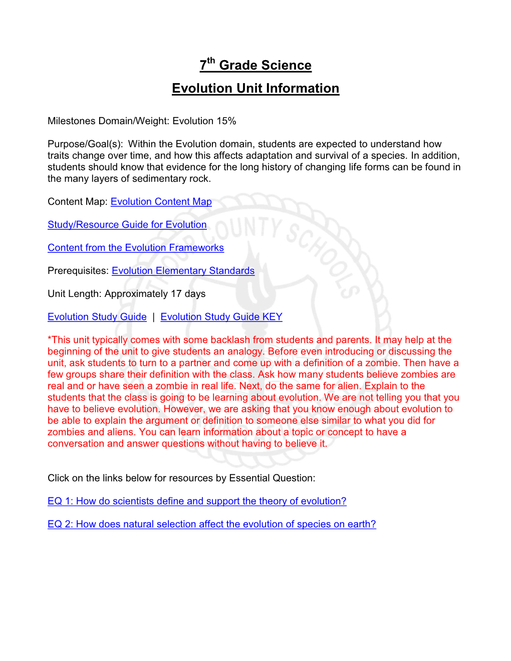 7 Grade Science Evolution Unit Information
