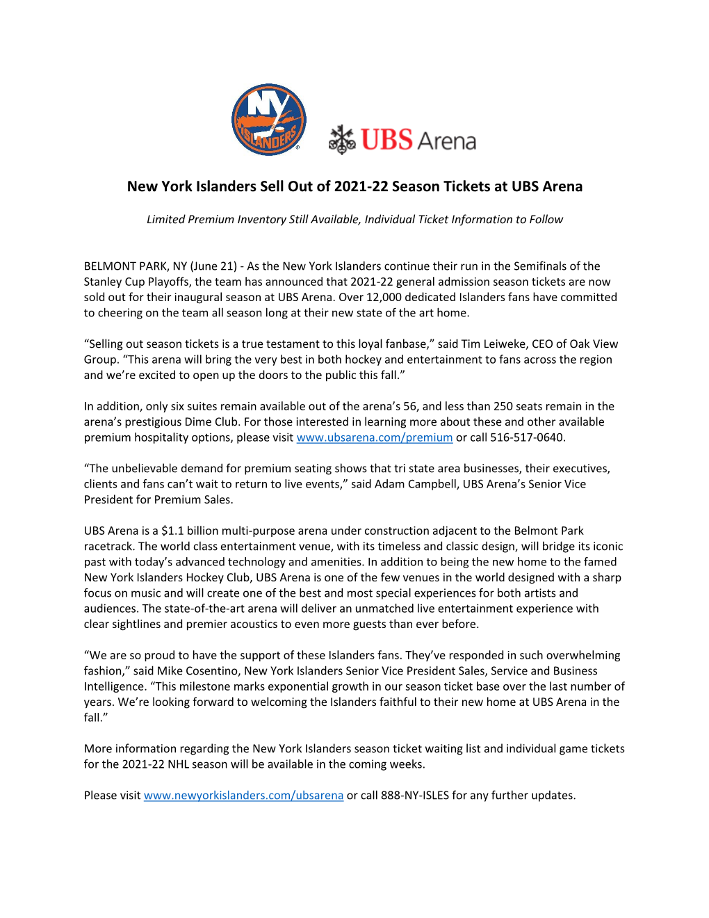 New York Islanders Sell out of 2021-22 Season Tickets at UBS Arena