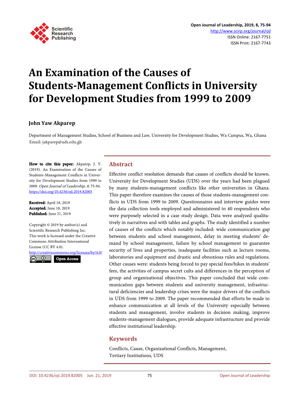 An Examination of the Causes of Students-Management Conflicts in University for Development Studies from 1999 to 2009