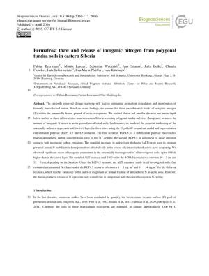 Permafrost Thaw and Release of Inorganic Nitrogen from Polygonal Tundra Soils in Eastern Siberia