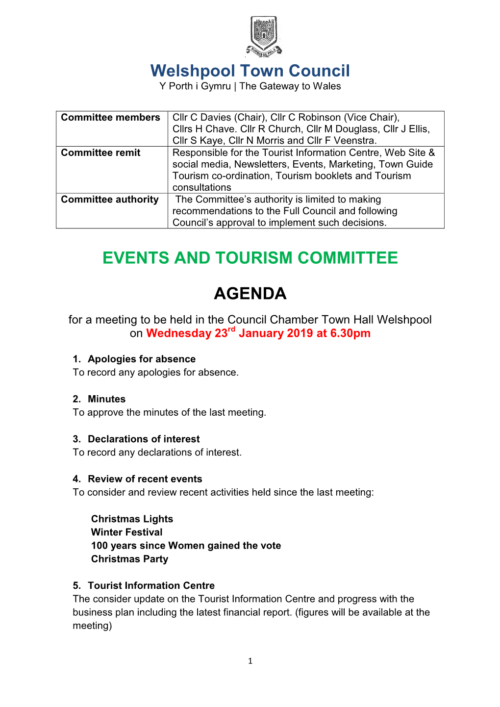 Welshpool Town Council EVENTS and TOURISM COMMITTEE