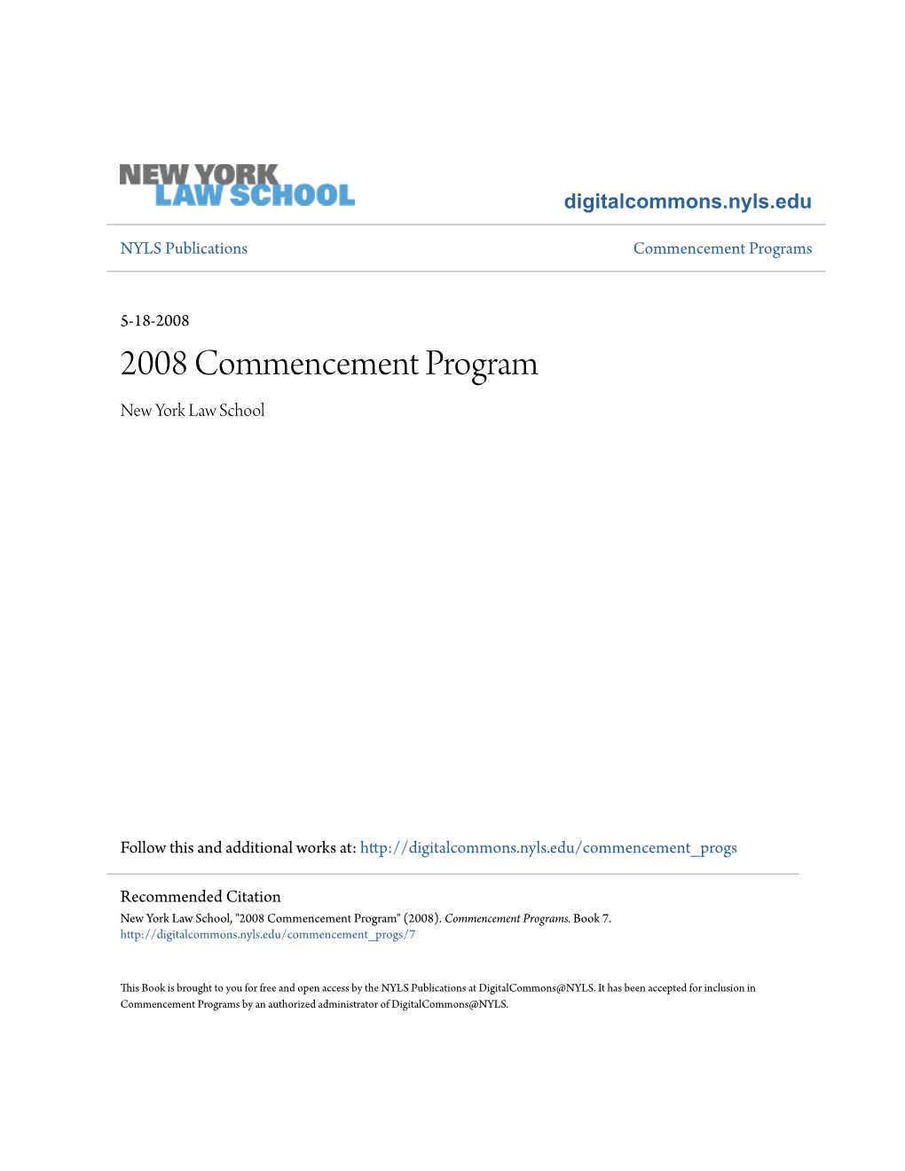 2008 Commencement Program New York Law School