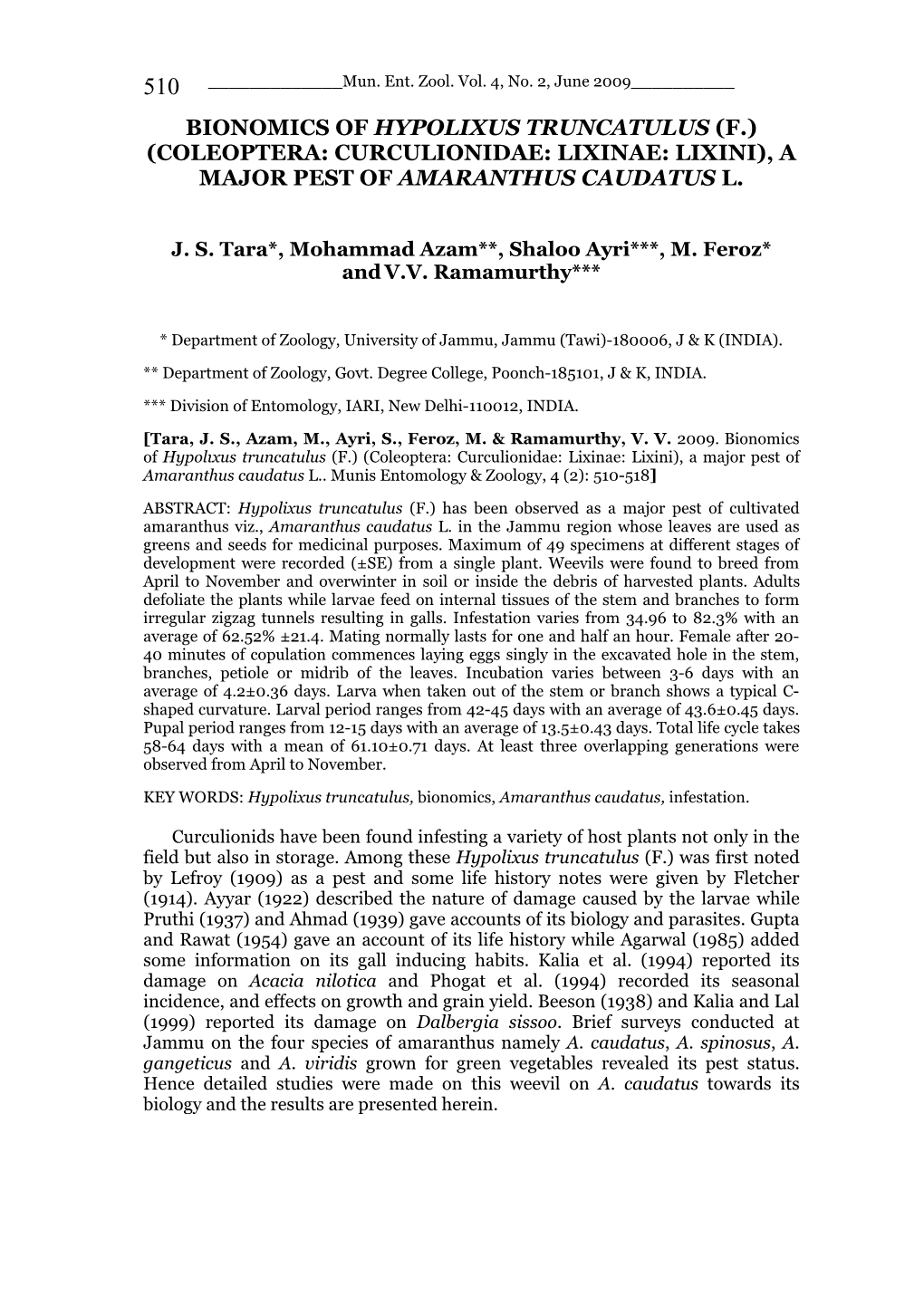 Bionomics of Hypolixus Truncatulus (F.) (Coleoptera: Curculionidae: Lixinae: Lixini), a Major Pest of Amaranthus Caudatus L