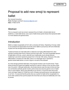 Proposal to Add New Emoji to Represent Ballet To: Unicode Consortium ​ From: Ruediger Landmann (Rlandmann@Gmail.Com) ​ ​ ​ Date: 31 March 2018 ​