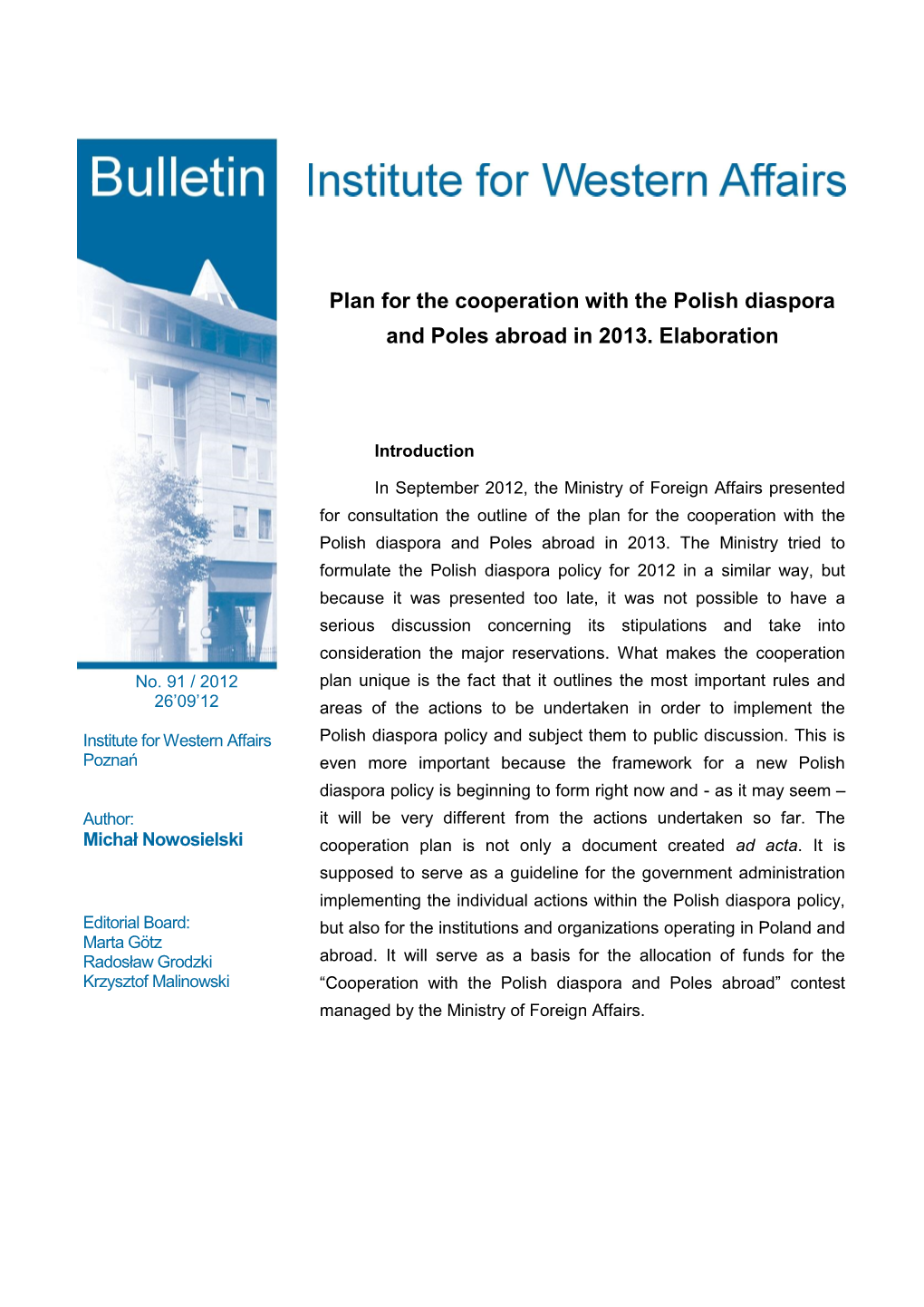 Plan for the Cooperation with the Polish Diaspora and Poles Abroad in 2013