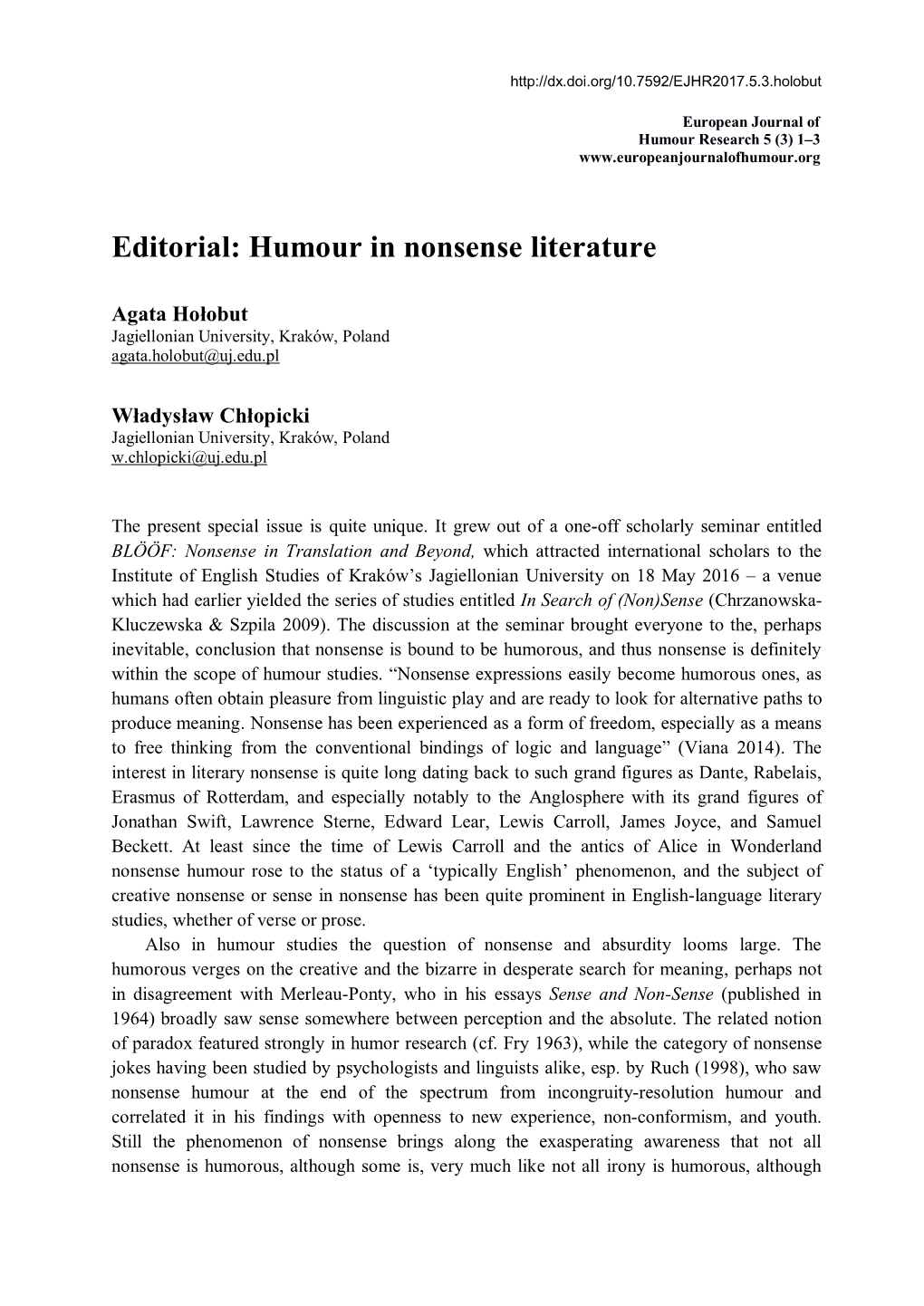 Editorial: Humour in Nonsense Literature