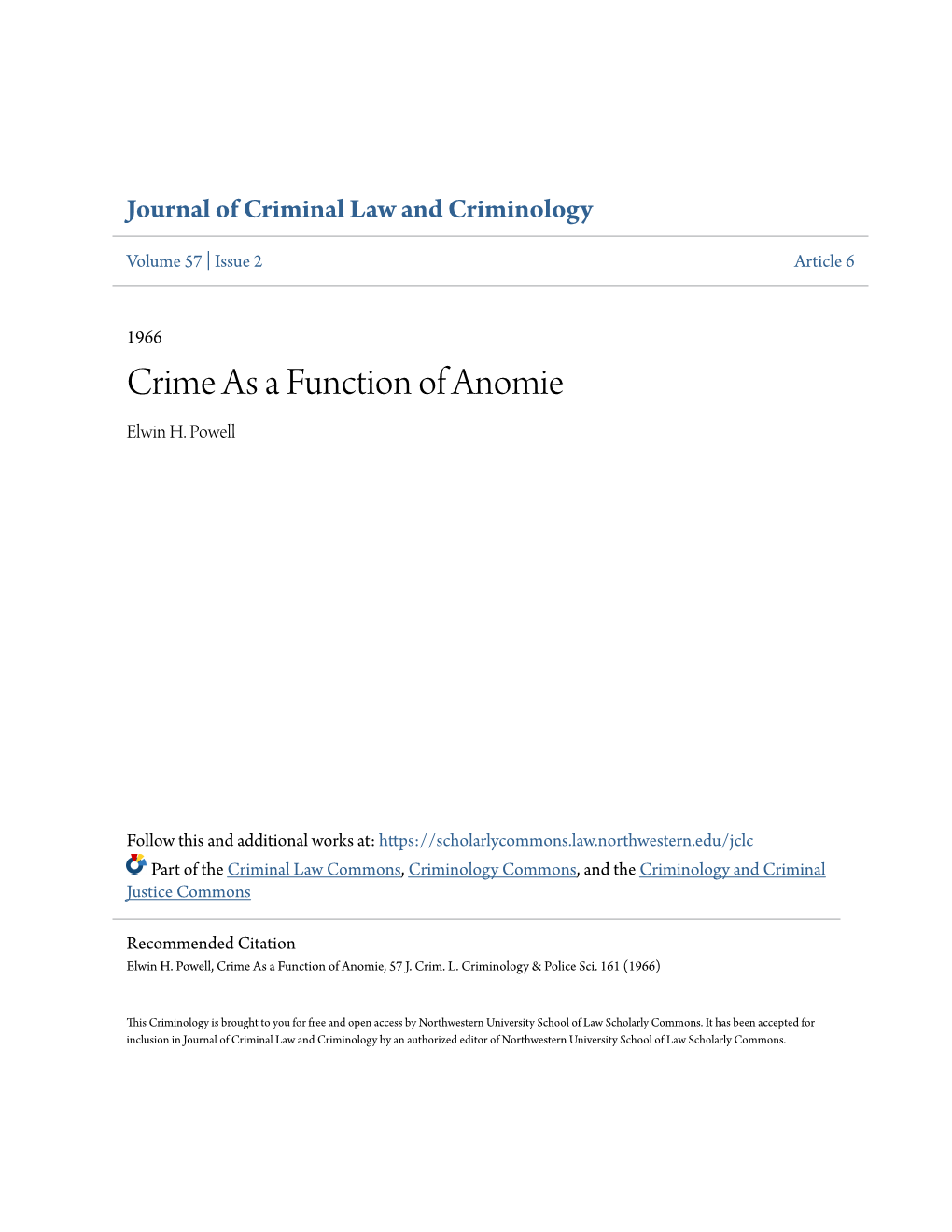 Crime As a Function of Anomie Elwin H