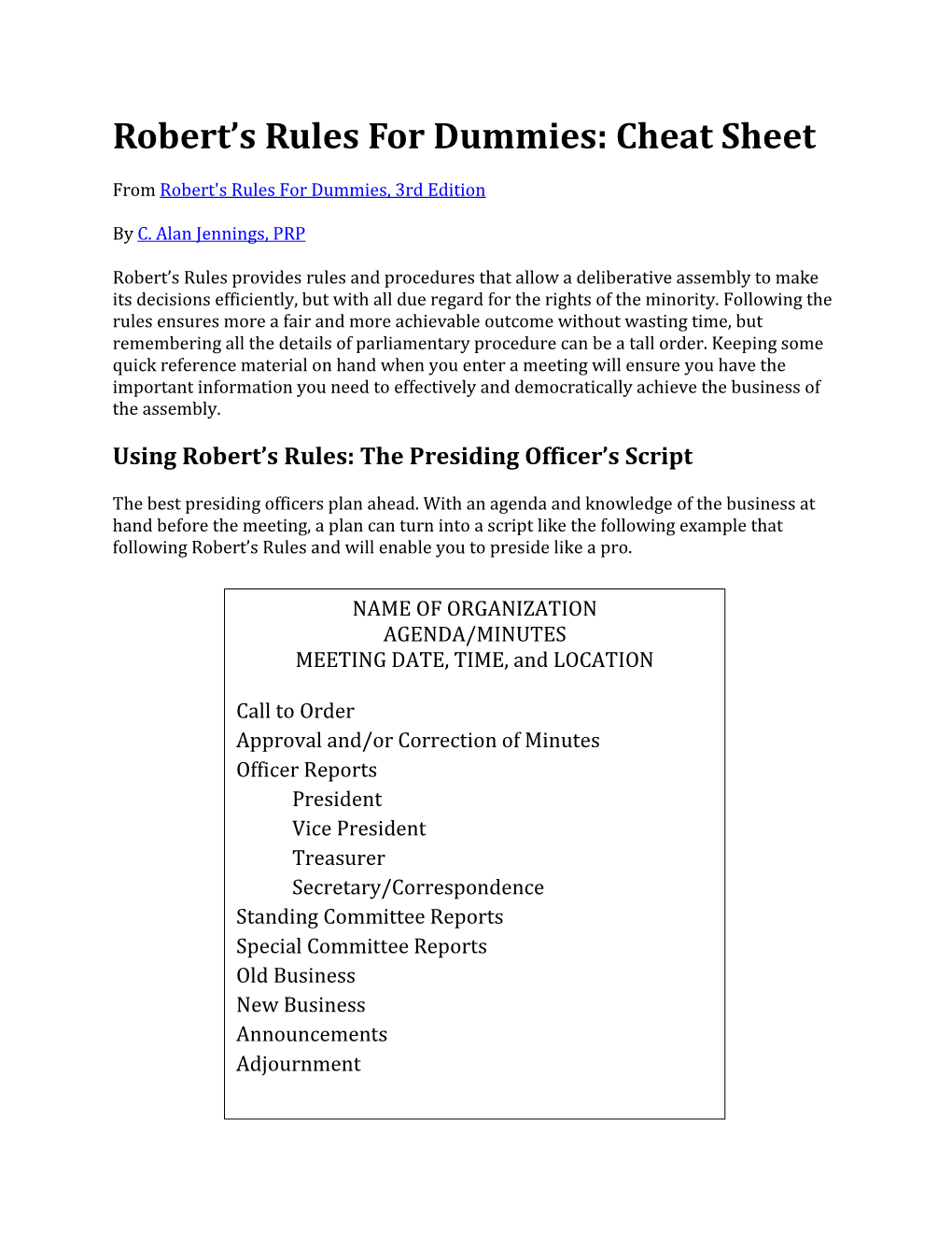 Robert's Rules for Dummies: Cheat Sheet