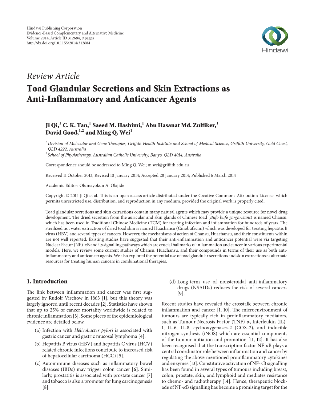 Toad Glandular Secretions and Skin Extractions As Anti-Inflammatory and Anticancer Agents