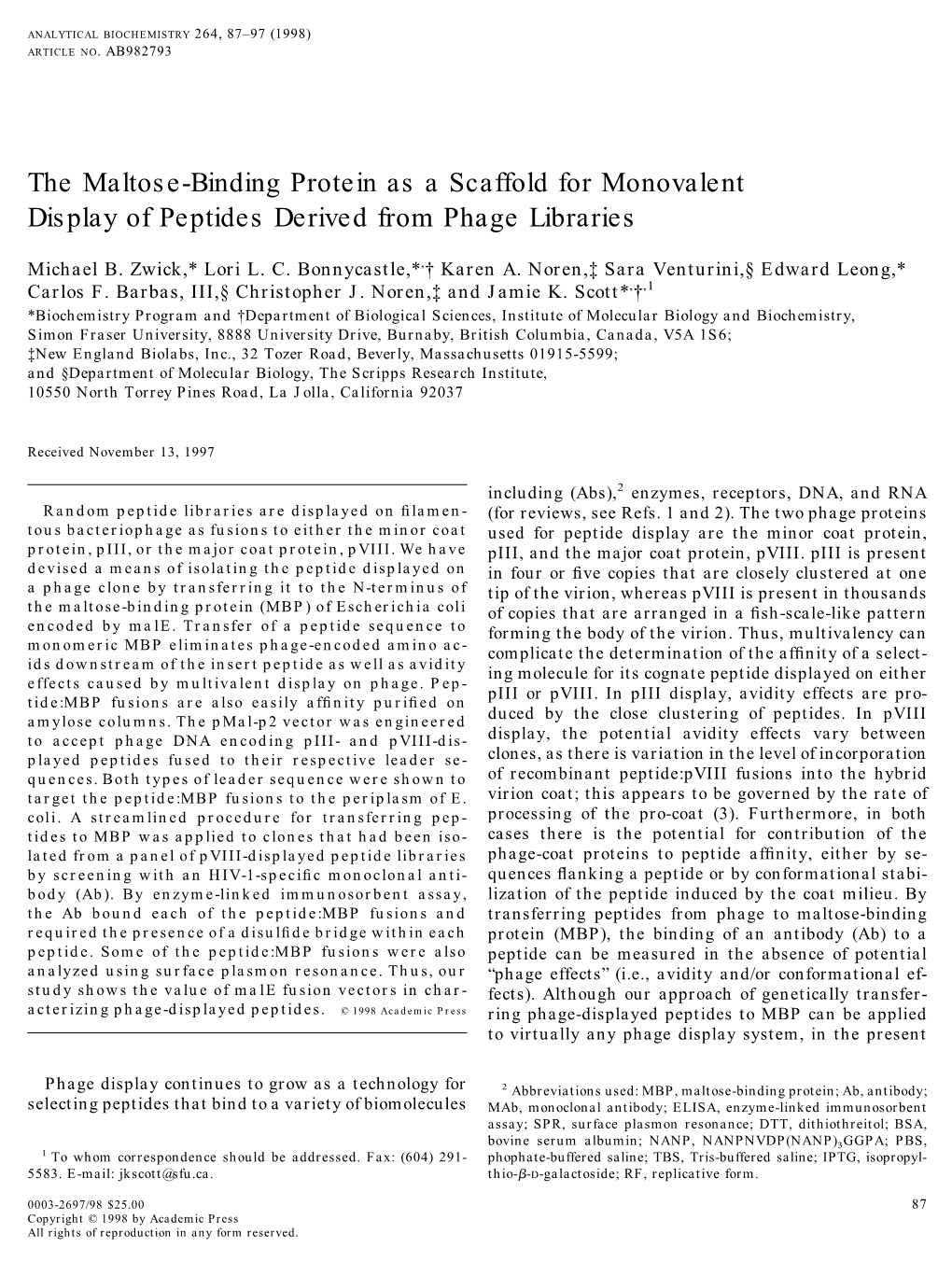 The Maltose-Binding Protein As a Scaffold for Monovalent Display of Peptides Derived from Phage Libraries