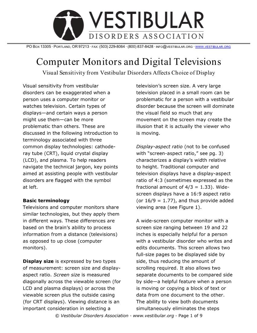 Computer Monitors and Digital Televisions Visual Sensitivity from Vestibular Disorders Affects Choice of Display