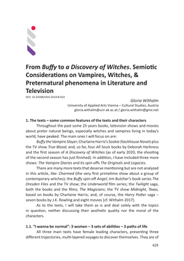 From to a Discovery of Witches. Semio C Considera Ons on Vampires, Witches, & Preternatural Phenomena in Literature and Tele