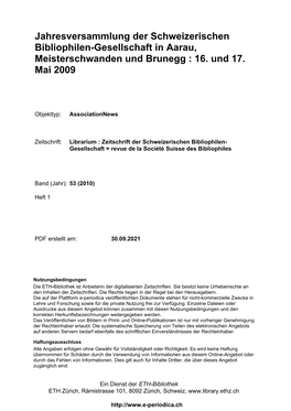 Jahresversammlung Der Schweizerischen Bibliophilen-Gesellschaft in Aarau, Meisterschwanden Und Brunegg : 16