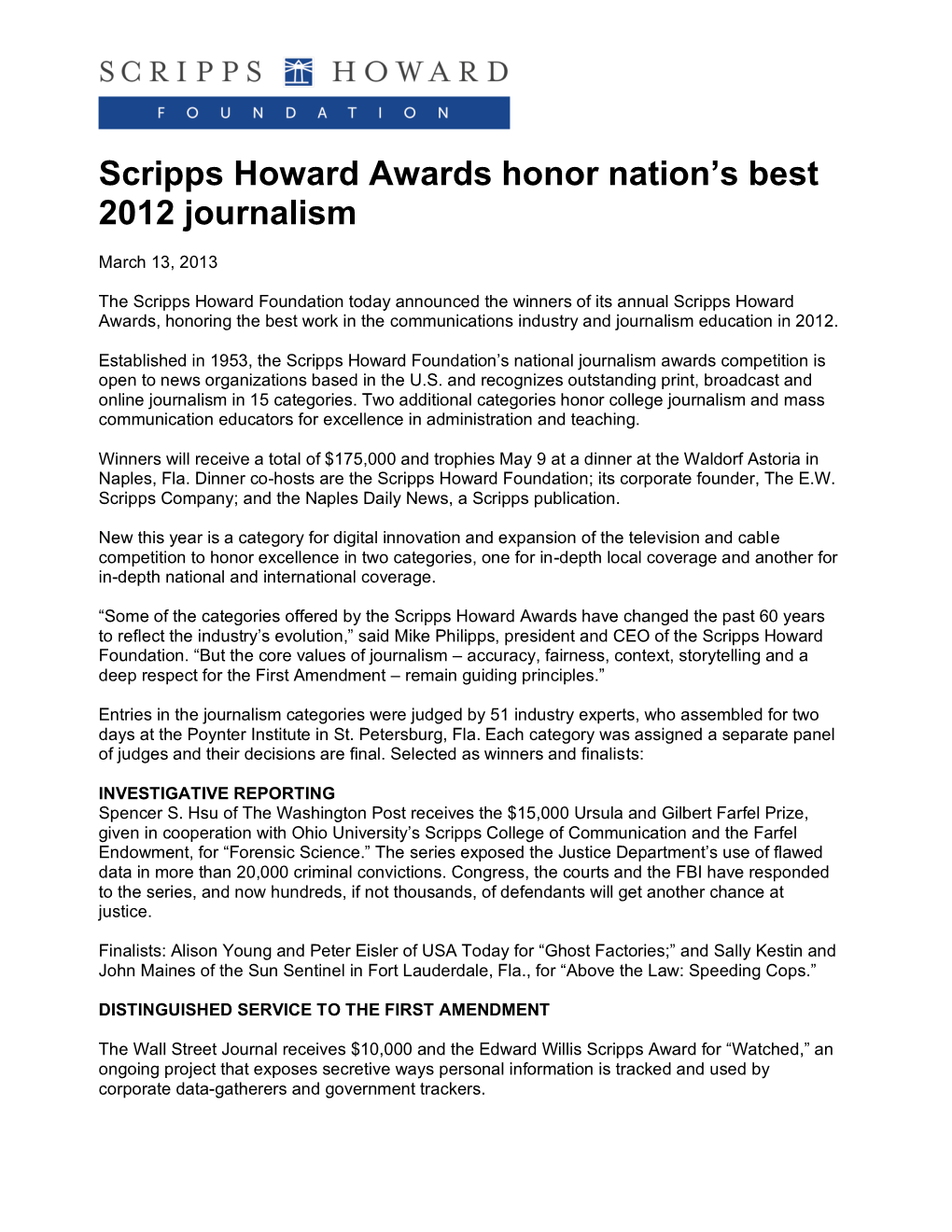 Scripps Howard Awards Honor Nation's Best 2012 Journalism