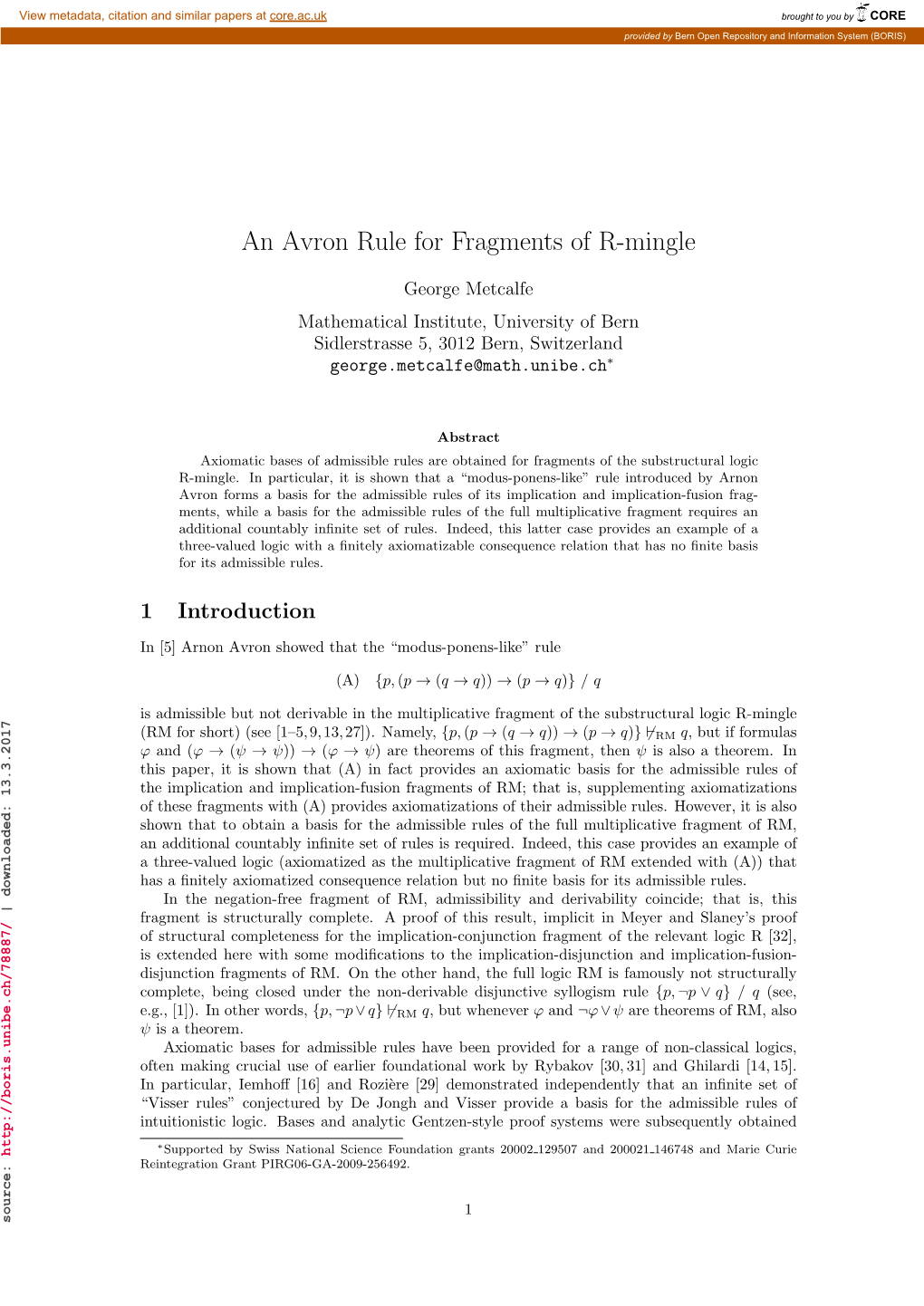 An Avron Rule for Fragments of R-Mingle