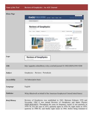 Name of the Tool Reviews of Geophysics : an AGU Journal