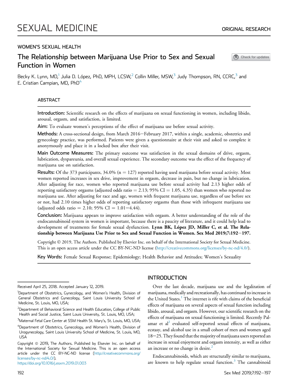 The Relationship Between Marijuana Use Prior to Sex and Sexual Function in Women
