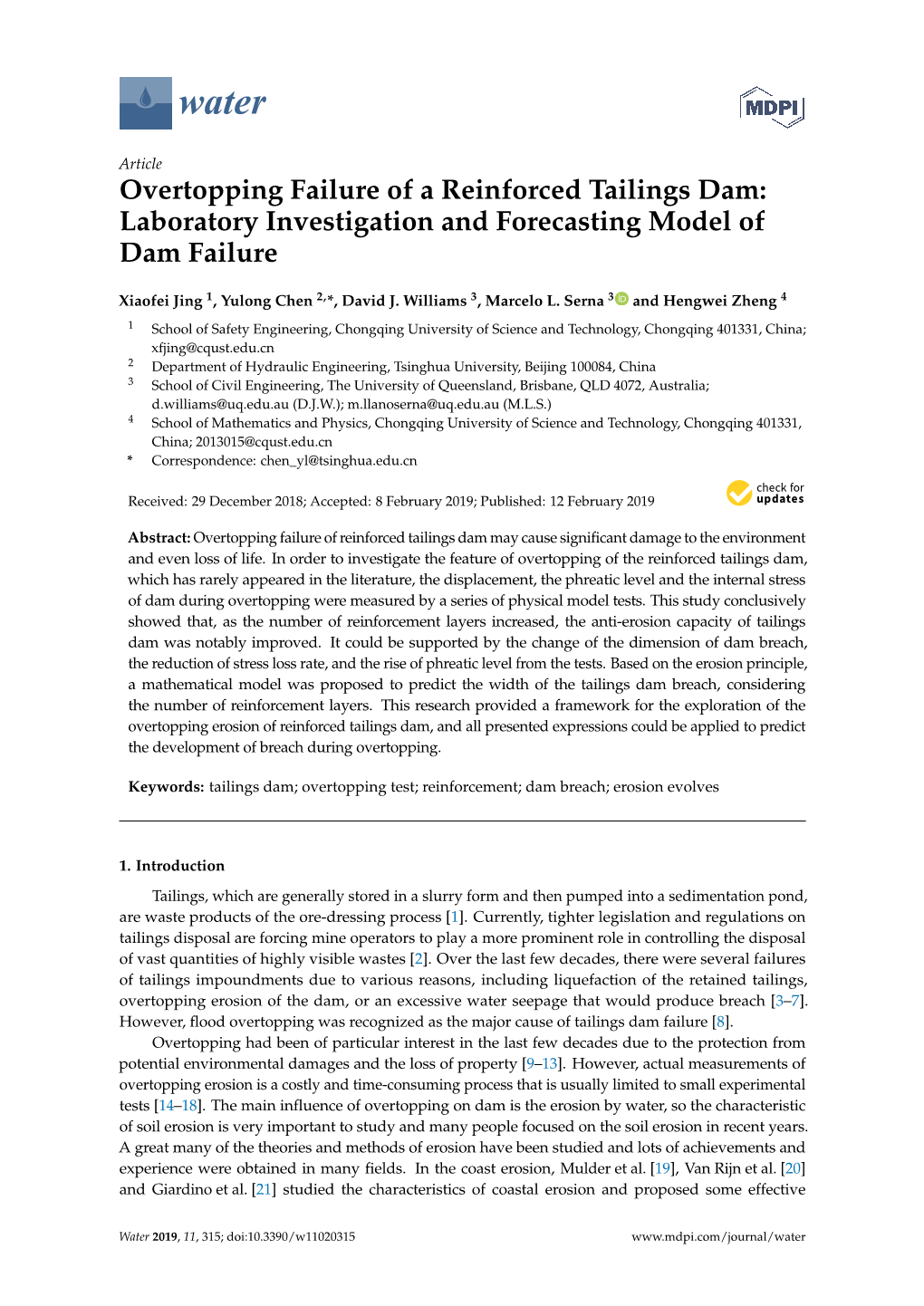 Overtopping Failure of a Reinforced Tailings Dam: Laboratory Investigation and Forecasting Model of Dam Failure