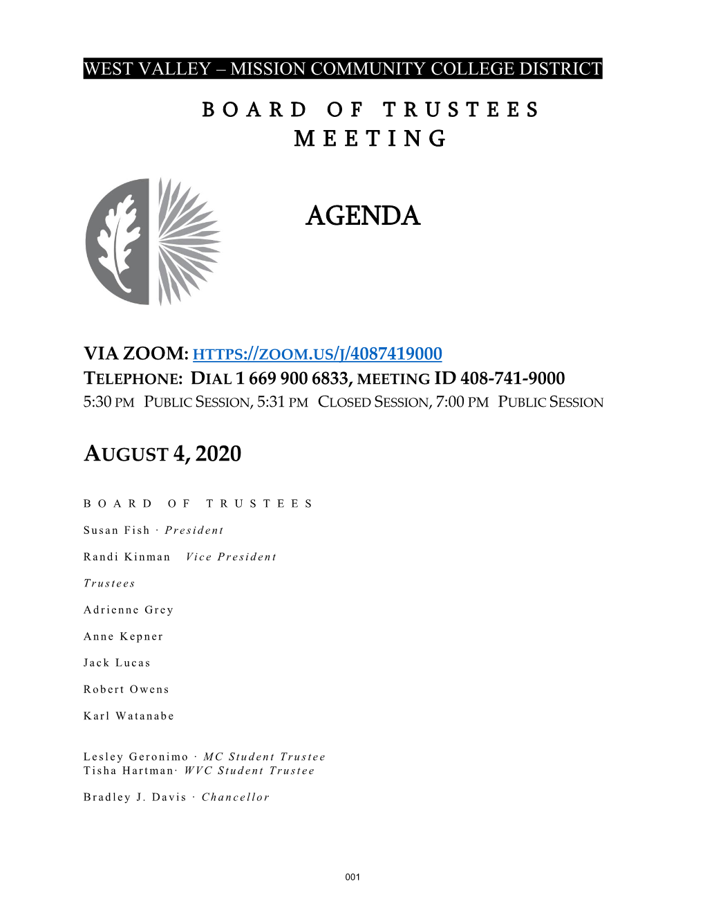 August 4, 2020, Board Agenda